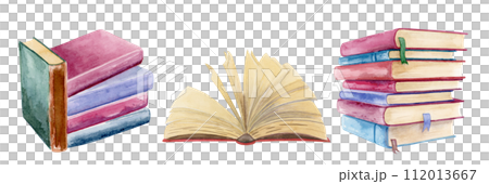Nice cute and warm watercolor vintage book stacks and one old yellow paged opened book Nice cute and warm watercolor vintage book stacks and one old yellow paged opened book 112013667