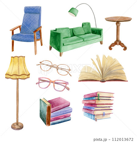 Nice cute and warm watercolor set of vintage hardcover books, floor lamp, book table, blue chair, green couch, two pairs of eyeglasses and opened book with yellow pages Nice cute and warm watercolor set of vintage hardcover books, floor lamp, book table, blue chair, green couch, two pairs of eyeglasses and opened book with yellow pages 112013672