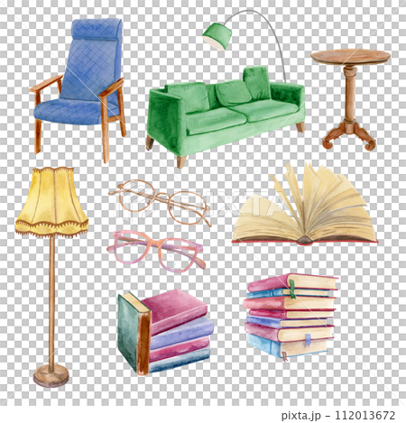 Nice cute and warm watercolor set of vintage hardcover books, floor lamp, book table, blue chair, green couch, two pairs of eyeglasses and opened book with yellow pages Nice cute and warm watercolor set of vintage hardcover books, floor lamp, book table, blue chair, green couch, two pairs of eyeglasses and opened book with yellow pages 112013672