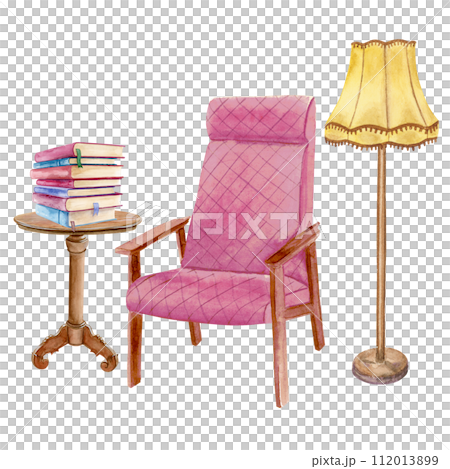 Watercolor composition of a soft pink chair, small book table with a stack of books and a yellow floor lamp Watercolor composition of a soft pink chair, small book table with a stack of books and a yellow floor lamp 112013899