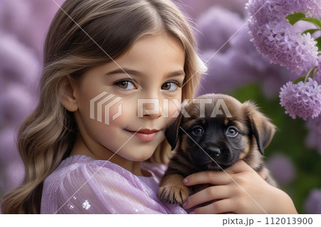 Tender moment as a little girl hugs a small brown puppy with care and affection on a lilac blossoms background at sunset. 112013900
