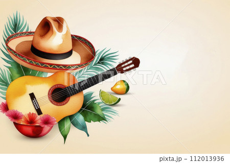 Viva Mexico card, guitar, maracas and hat Sombrero watercolor frame, Mexican style decoration. 112013936