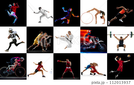 Collage, mosaic of dynamic portraits of diverse group of athletes in action against white and black studio background. Energy. 112013937