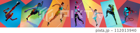 Football, tennis, jogger, fencing and martial arts sportsmen. Collage of athletic people in motion against multicolored background in neon light. 112013940