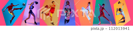 Banner. Collage of football, boxing, martial arts, volleyball and ski athletics in neon light against multicolored studio background. 112013941