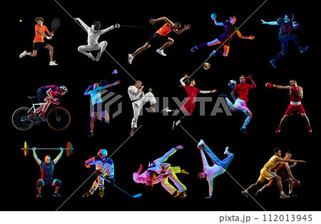 Creative sport collage made of portraits of professional athletes in different kinds of sport training against black studio background. Creative sport collage made of portraits of professional athletes in different kinds of sport training against black studio background. 112013945