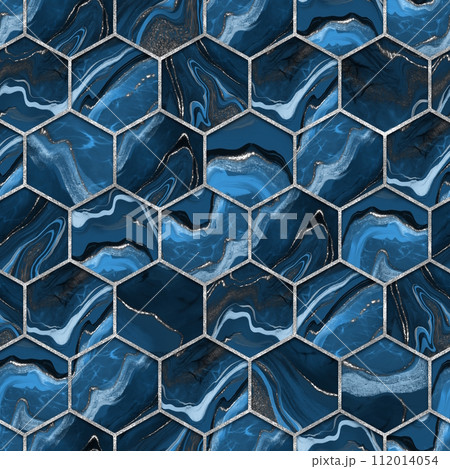 Blue hexagon seamless texture with silver. Abstract background. 112014054