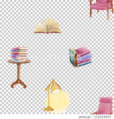 Watercolor seamless pattern composition of a soft pink chair, hardcover opened book, small book table with a stack of books and a yellow desk lamp Watercolor seamless pattern composition of a soft pink chair, hardcover opened book, small book table with a stack of books and a yellow desk lamp 112014055