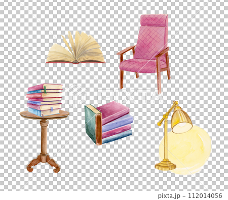Watercolor composition of a soft pink chair, small book table with a stack of books, opened book with yellow pages and a yellow desk lamp 112014056