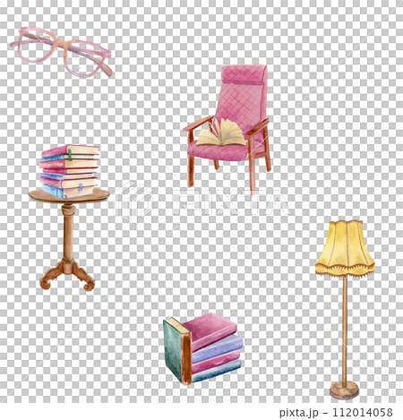 Watercolor seamless pattern composition of a soft pink chair, hardcover opened book, small book table with a stack of books, pink glasses and yellow floor lamp 112014058