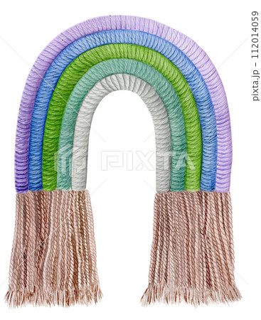Knitted textile rainbow macrame pendant. Stylish hanging interior decoration. Hand drawn watercolor illustration Knitted textile rainbow macrame pendant. Stylish hanging interior decoration. Hand drawn watercolor illustration 112014059