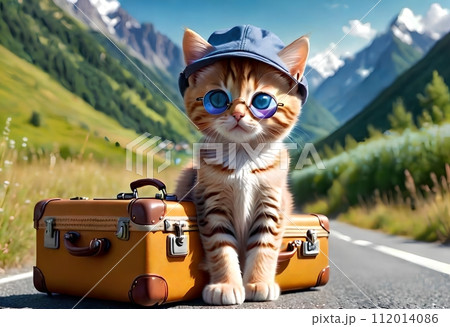 A beautiful young cat with suitcases stands on the road, the cat is a traveler. 112014086