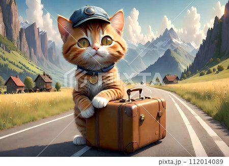A beautiful young cat with suitcases stands on the road, the cat is a traveler. 112014089
