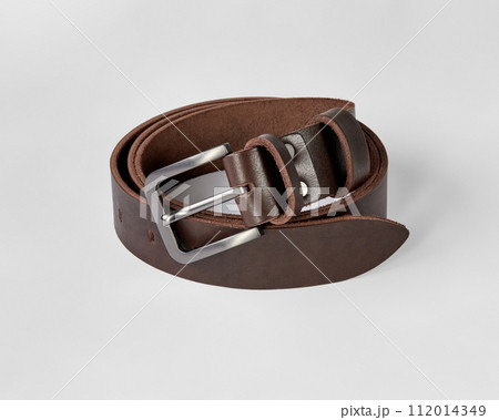 Custom dark brown leather belt with matte buckle and embossing 112014349