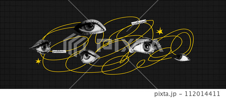 Black Plaid background with yellow tangled line and halftone effect eyes. Bright teenage concept. Vector modern trendy illustration 112014411