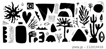 Doodles with abstact shapes. Hand drawn scribble with plants and punk hand and leaf. Y2k trendy zin art. Vector grunge illustration. New school. 112014416