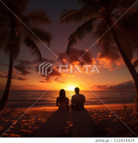 Romantic couple sitting on beach at sunset 112014914