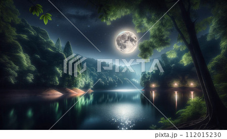 青く輝く満月と湖に反射する森の風景画 青く輝く満月と湖に反射する森の風景画 112015230