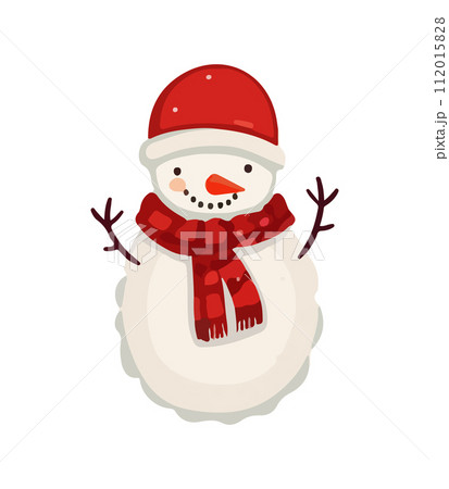 Snowman with a scarf, gloves and hat isolated in a white background in cartoon watercolor style. Flat design. Vector illustration. 112015828
