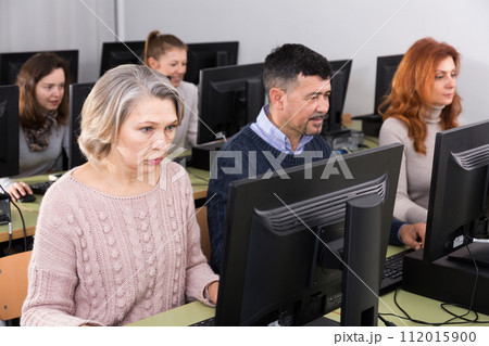 Middle aged woman taking computer lessons Middle aged woman taking computer lessons 112015900
