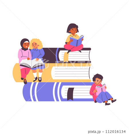 Fantasy Illustration of a stack of giant books with children's characters. 112016134