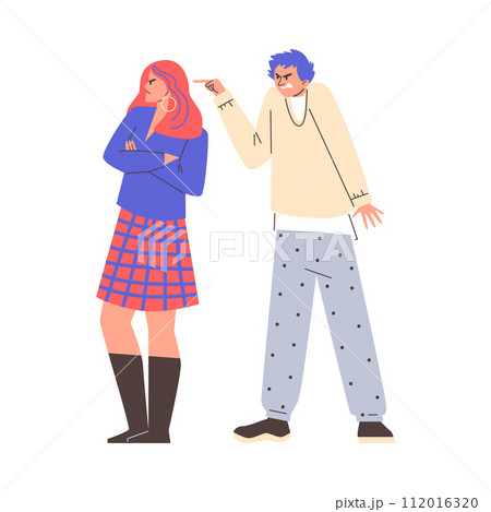 Young couple fighting and shouting, ignoring and points with finger, people arguing and yelling, vector cartoon conflict Young couple fighting and shouting, ignoring and points with finger, people arguing and yelling, vector cartoon conflict 112016320