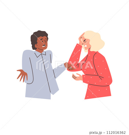 Angry couple fighting and shouting at each other, people arguing and yelling, vector cartoon unhappy family conflict 112016362