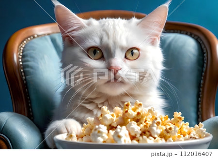 A beautiful white cat eats popcorn while sitting in a chair. 112016407