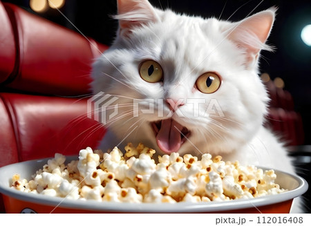 A beautiful white cat eats popcorn while sitting in a chair. 112016408
