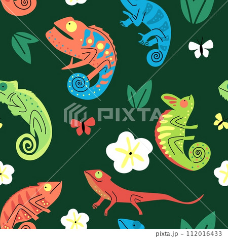 Playful chameleons and butterflies vector pattern 112016433