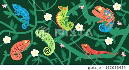 Seamless pattern with cute chameleons, butterfly and flowers in liana foliage, cartoon exotic tropical lizard and iguana 112016456