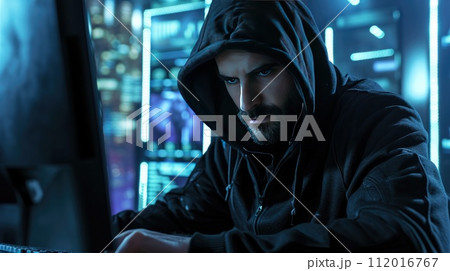Hacker in a dark hoody sitting in front of a computer 112016767