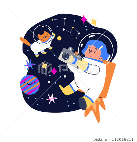 Child and cat in space vector illustration 112016811