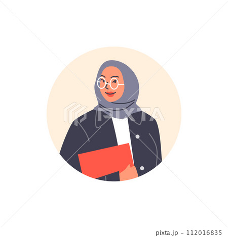 Smiling Arabic woman in hijab and glasses, vector Muslim business female in national Islamic outfit, circle frame avatar 112016835