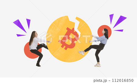 Modern aesthetic artwork. Two women can't divide in casual attire broken coin symbol with geometric shapes behind. 112016850