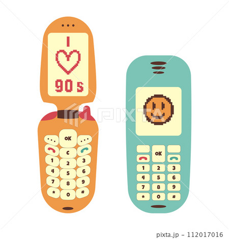 A set of old push-button mobile phones from the 90s. Vector in retro style. 112017016