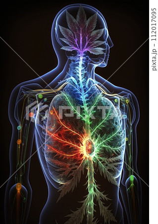 Body silhouette. Meditation and chakra healing. Cannabis healing powers. Ai generative 112017095