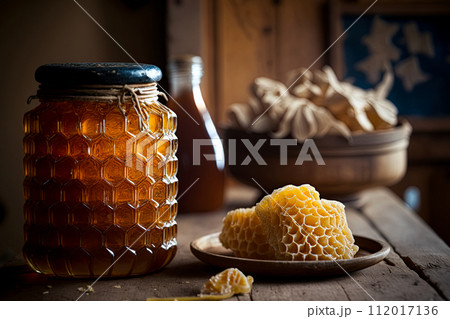 Jar of Honey in the rustic kitchen. Ai generative 112017136