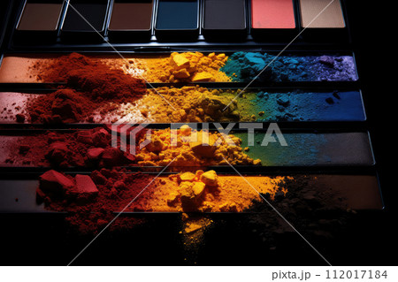 AI-generated content. Scattered cosmetics, colorful eye shadow in different colors, blue, purple, browns, orange shades. Top view on dark background. Creative make up composition 112017184
