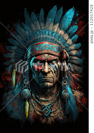 Indian chief with warbonnet or headdress. Native american tribal warrior and leader. Ai generative Indian chief with warbonnet or headdress. Native american tribal warrior and leader. Ai generative 112017428