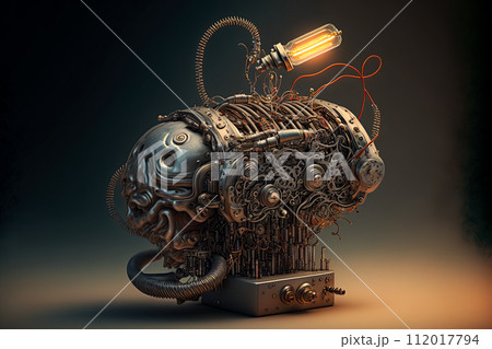 Artificial intelligence. Human brain machine in steampunk style. AI generative 112017794
