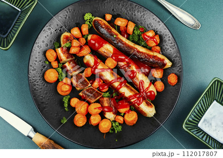 Grilled meat turkey sausages. Grilled meat turkey sausages. 112017807