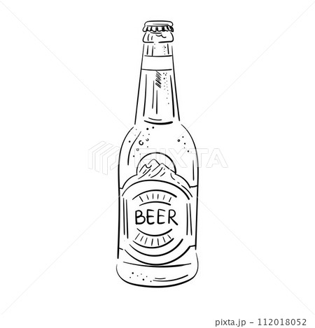 Vector sketch of bottle. Beer bottle isolated on white background. Simple line drawing. Black and white. Doodle illustration Vector sketch of bottle. Beer bottle isolated on white background. Simple line drawing. Black and white. Doodle illustration 112018052