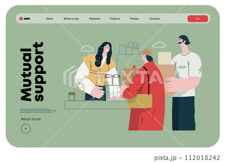 Mutual Support: Bringing groceries to food bank -modern flat vector concept illustration of people donating food to food pantry A metaphor of voluntary, collaborative exchanges of resource, services 112018242