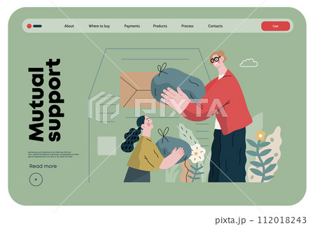 Mutual Support Giving clothes to donation bins -modern flat vector concept illustration of people placing bags of clothes into drop-off box A metaphor of voluntary, collaborative exchanges of resource 112018243