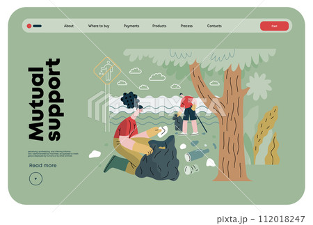 Mutual Support: Cleaning up trash, Garbage collection -modern flat vector concept illustration of people collecting trash on the beach A metaphor of voluntary, collaborative exchanges of resource 112018247