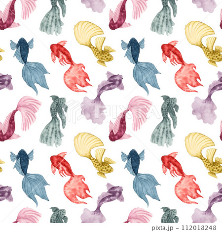 Seamless fish pattern.Watercolor illustration.Simple, stylized style of sea animals. Hand drawn isolated illustration. Underwater world of marine wildlife for banner or ornament. Ocean and sea 112018248