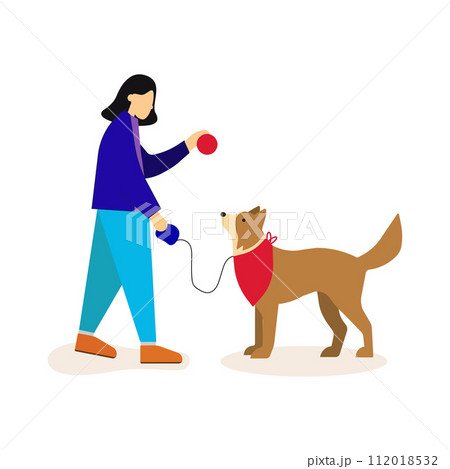 A child girl plays with her dog. Childhood with pets. Flat isolated vector illustration A child girl plays with her dog. Childhood with pets. Flat isolated vector illustration 112018532