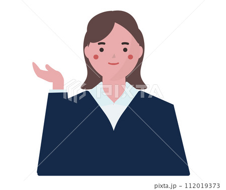 こちらですと手を添えて紹介をするビジネスウーマン。ベクターイラスト 112019373