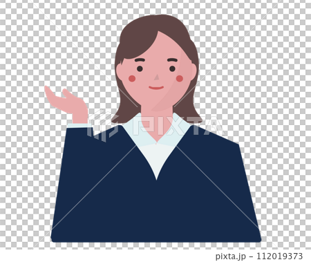 在這裡，一位女商人用手介紹自己。向量圖 112019373